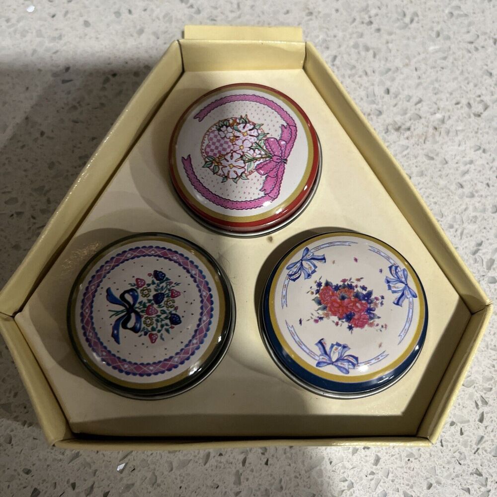 Vintage Oval Tin Metal Pill Box Floral Decoration On Lid In Original Box Set 3